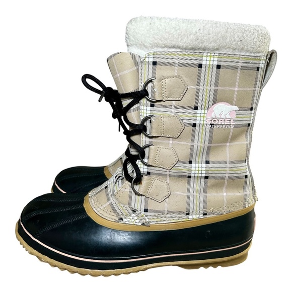 Sorel Women's Waterproof Plaid Rubber Winter Boots, Cream, Black, Size 10 - Picture 3 of 9